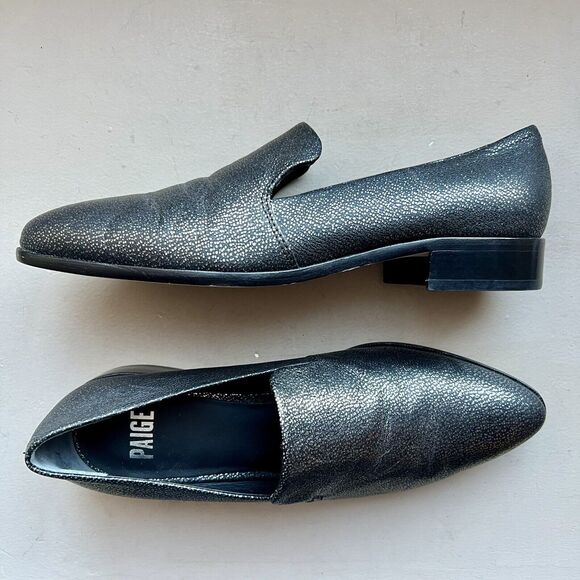 Paige Madison Metallic Gunmetal On Black Leather Slip On Loafer Shoes Women’s 9 - Picture 1 of 16